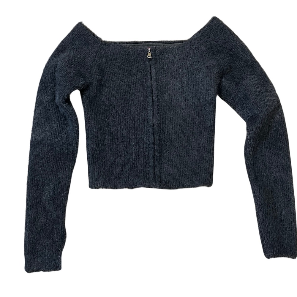 Edikted Fuzzy Eyelash Knit Zip Front Cropped Cardigan Gray XS Coquette Grunge